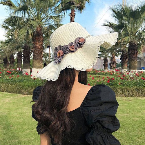Straw hat female college style young people anti-UV sun protection hat slim and cute new three flower sunshade sun hat