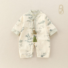 婴儿秋装衣服中国风百天满月宝宝连体衣春秋款外出服长袖周岁哈衣