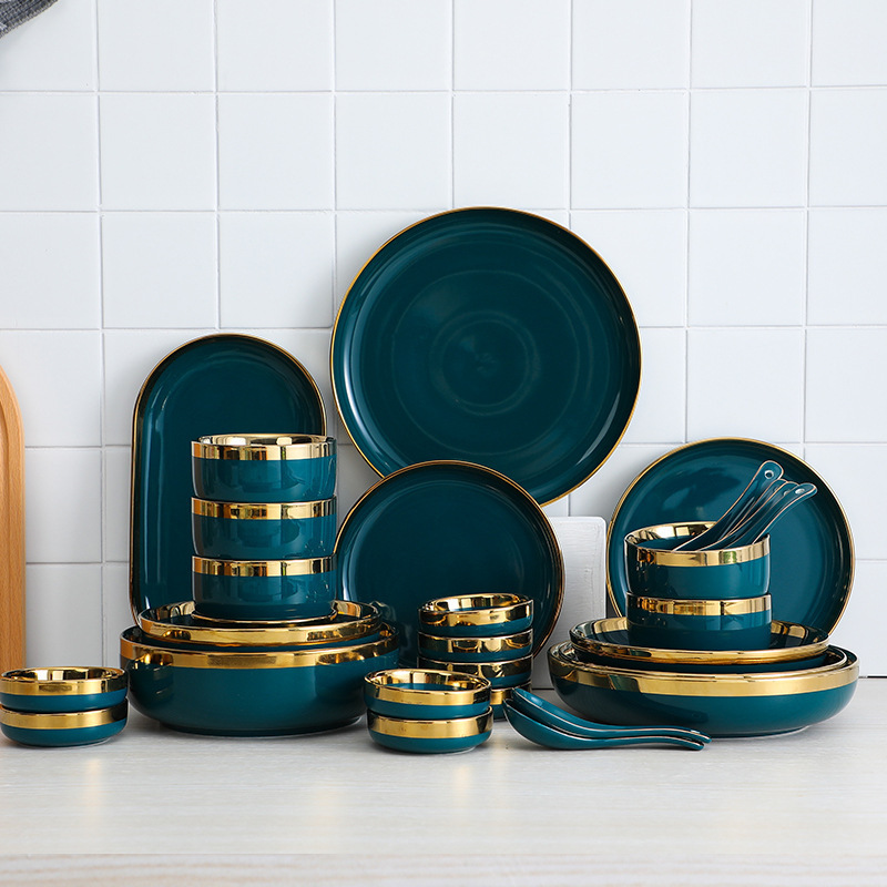 Peacock Green Gold-rimmed Ceramic Tableware Cross-border Dish Set Household Dishes Plates Dinner Plates Soup Bowls Spoon Wholesale Peacock Green Gold-rimmed Ceramic Tableware Cross-border Dish Set Household Dishes Plates Dinner Plates Soup Bowls Spoon Wholesale