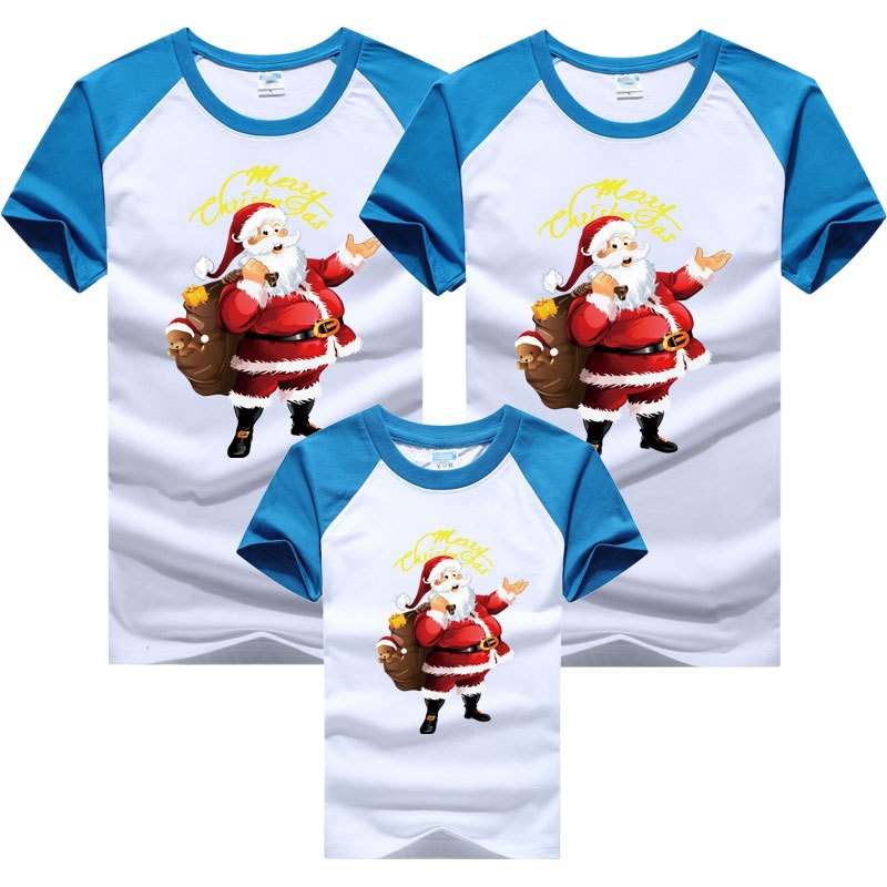 Camiseta de manga corta para padres e hijos 2024 Navidad Santa Claus ropa para niños estilo europeo y americano cuello redondo manga raglán color a juego