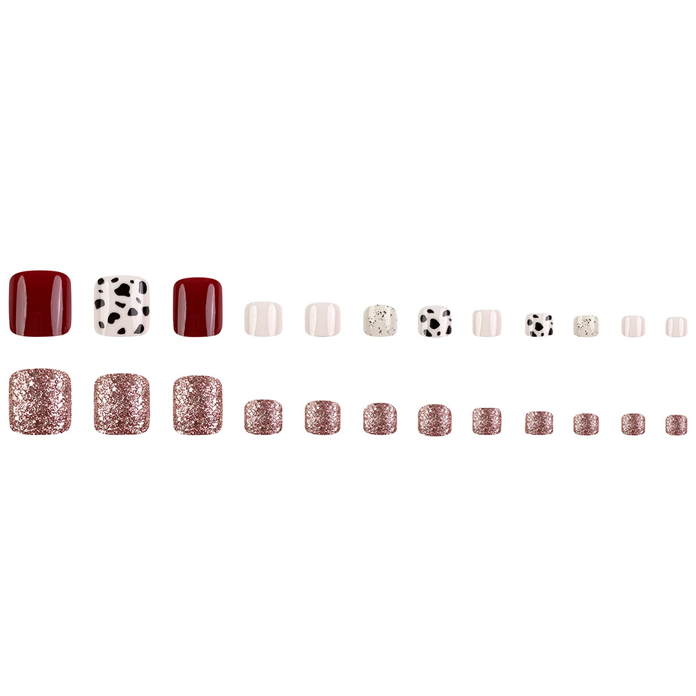 Comercio exterior dulce y fresco estampado de vaca polvo brillante de manicuras retro transfronterizas pie de viento usar uñas 24 piezas de parche de uñas de los dedos de los pies