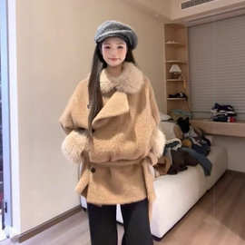 韩系复古高级感毛领拼接毛呢外套秋冬款宽松保暖小个子呢子大衣女