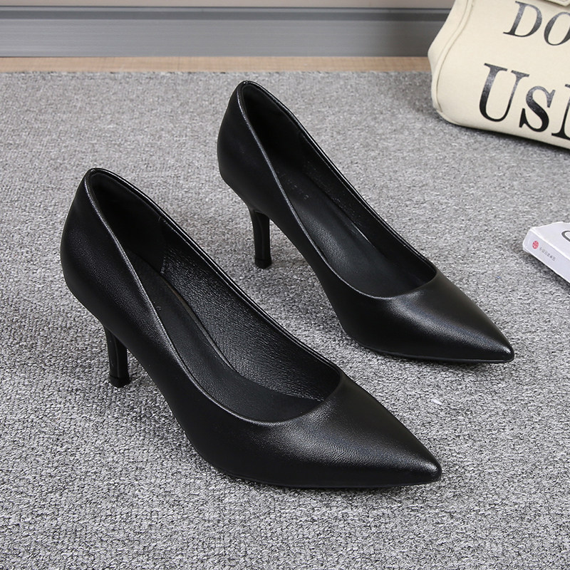 Genuine Leather Comfortable Pointed-Toe Single Shoes, Low Heel, Medium Heel, 2025 Black Formal High Heels, Professional Stewardess Work Shoes for Women