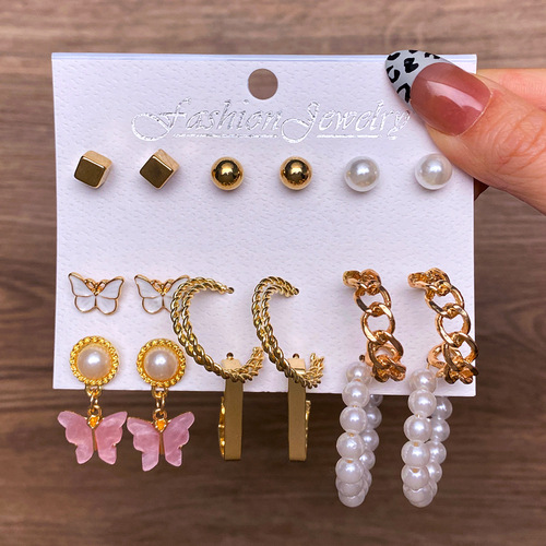 European and American cross-border retro love butterfly earrings set 9-piece creative snake-shaped sword mushroom earrings wholesale
