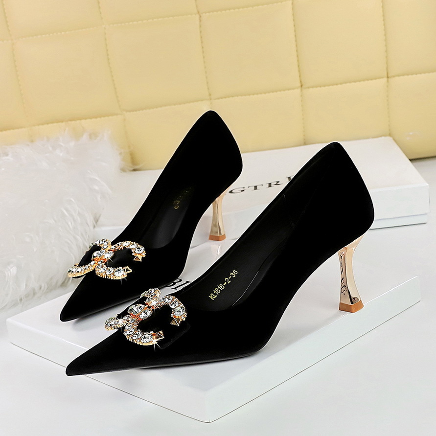 1818-K77 Banquet Heels Women's High Heel Shallow Mouth Pointed Toe West Schi Velvet Surface Rhinestone Buckle Bowknot_vogvips.com