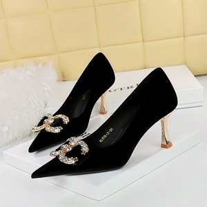 1818-K77 Banquet High Heels Women's Shoes High Heels Shallow Mouth Pointed Xishi Suede Water Diamond Buckle Bow Tie