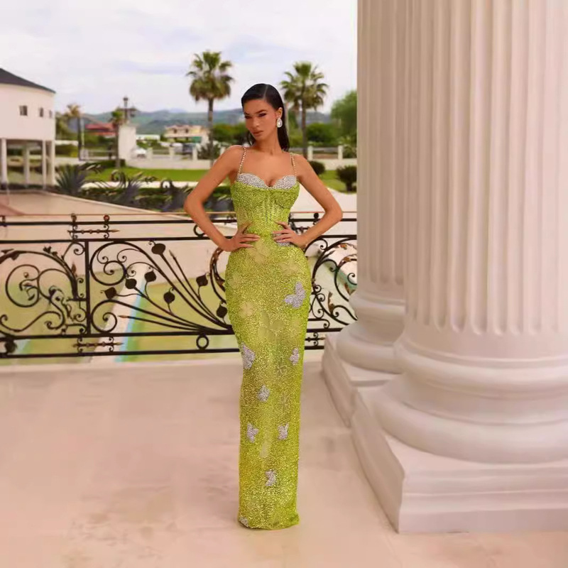 Europe and the United States cross-border new suspender sequins green V-neck bow hip slim birthday party long evening dress