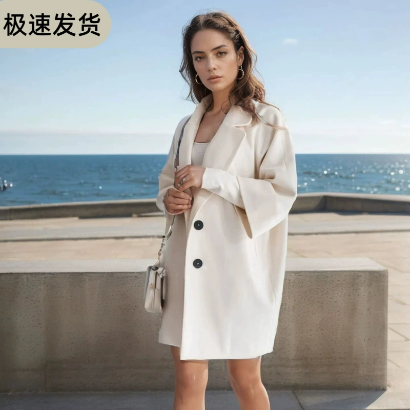 【Европейский размер】Новое осенне-зимнее шерстяное пальто с рукавом три четверти, пуговицами, отложным воротником и карманами для женщин, с широким воротником и удлиненным кроем