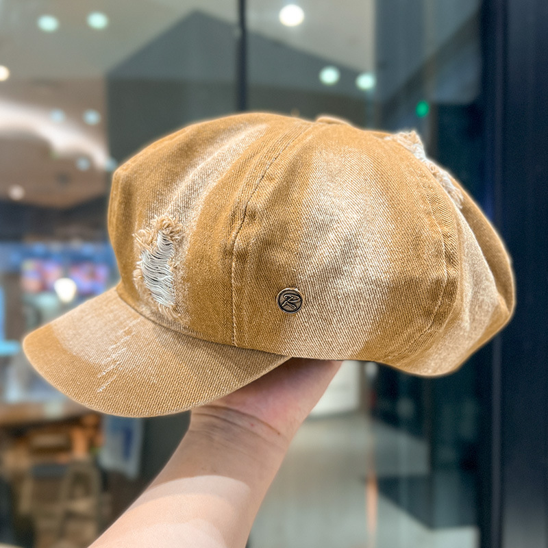 Retro lavado con agua vaquero sombrero de ocho ángulos para mujeres, boina de nube, agujero de moda, sombrero de lengua de pato