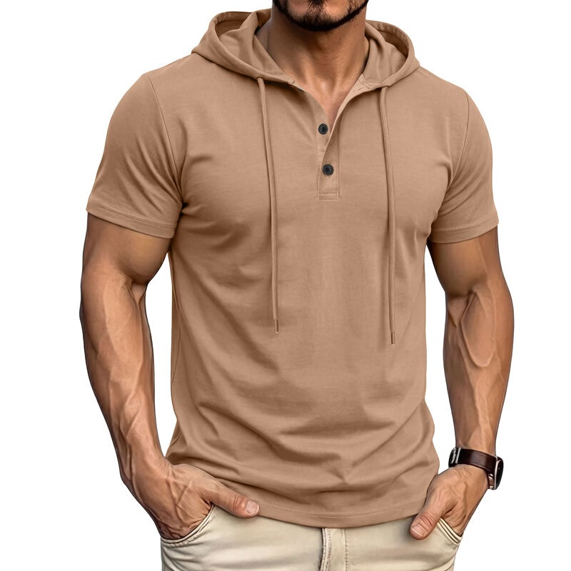 2026 Cross-Border Sports Fitness Men's Short-Sleeved T-Shirt European and American Men's Hooded Tops Export American-Style Henley Shirt