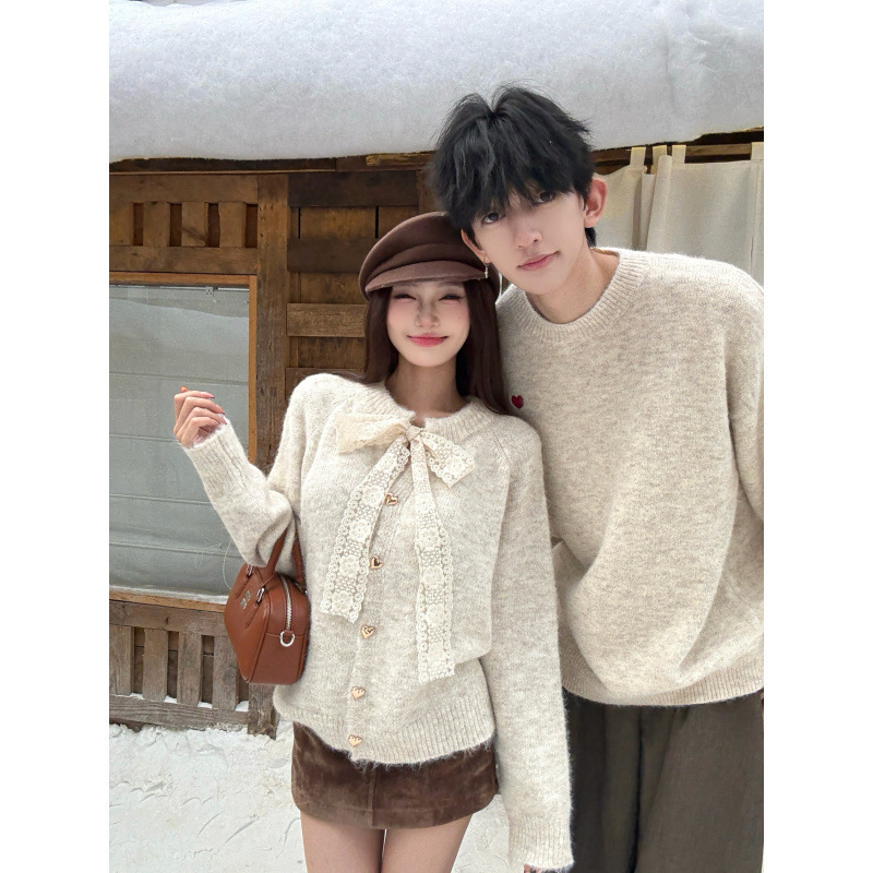 2025 Couple's Outfit Design Lace-Up Sweater Cardigan Soft Knitted Jacket Men's Pullover Sweater
