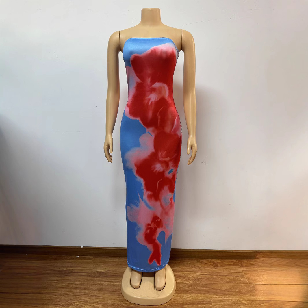Women's Slim Fit Strapless Floral Dress Backless Long Skirt For Fashion_ecoleips.com
