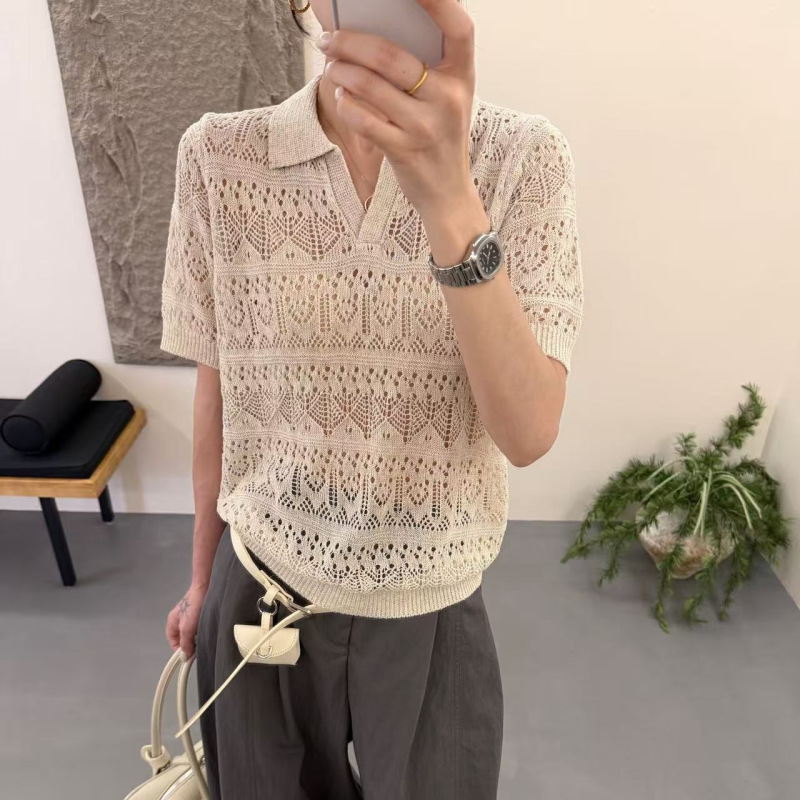 Summer 2026 New Style Polo Collar Hollow-Out Short-Sleeve Knit Top for Women, Loose-Fitting, Thin, Breathable T-Shirt
