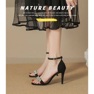 Summer New Arrival Rhinestone Dress High Heels Women's One-word Strap Thin Heel Sandals Elegant Socialite Fashion Women's Shoes