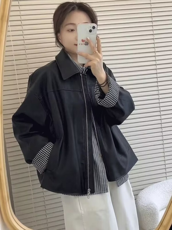 高级感拼接格子翻领黑色皮衣外套女春秋新款休闲百搭PU皮夹克上衣|undefined
