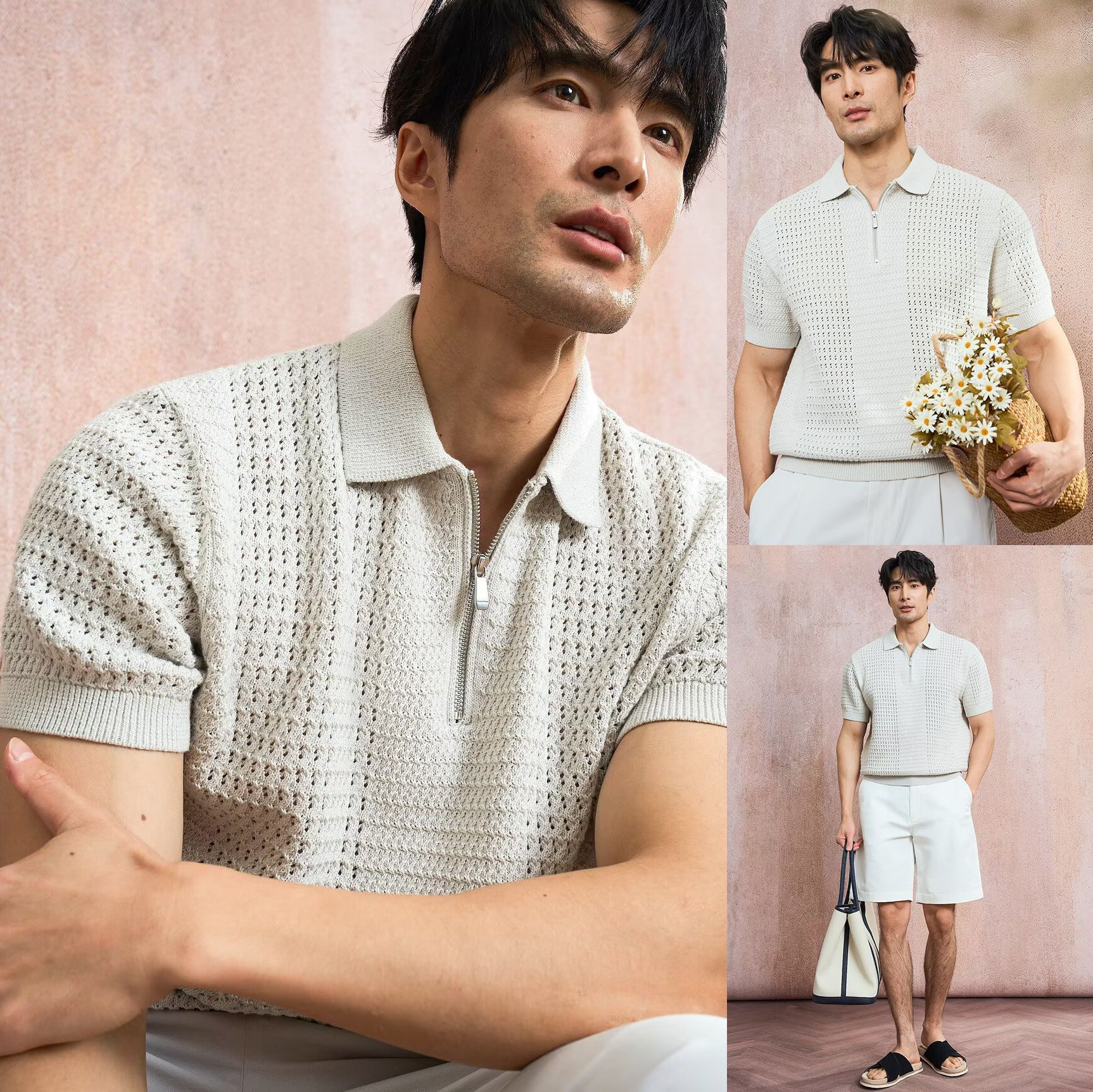 Polo camiseta de punto camiseta de manga corta camiseta de hombre solapa hueco medio cremallera viejo viento de negocios de verano fábrica transfronteriza al por mayor