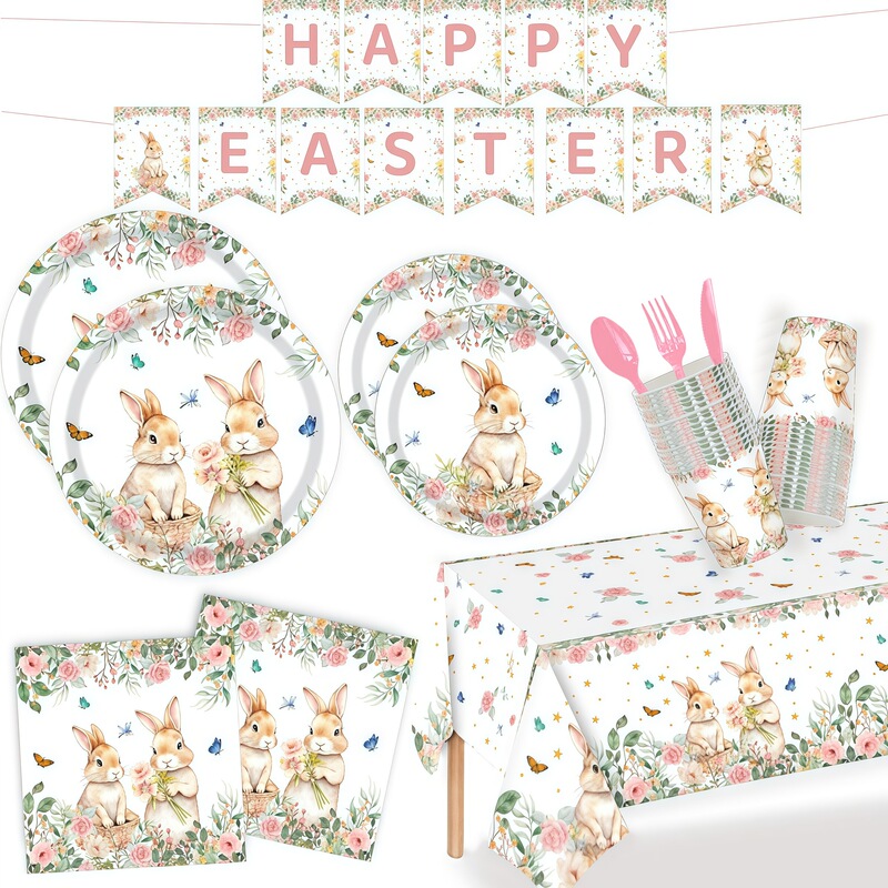 New Easter Theme Party Decoration Supplies Spring Flower Rabbit Egg Paper Plate Tissue Disposable Set