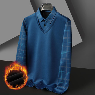 Winter men's fleece-lined thick thermal shirt fake two pieces high quality versatile lapel long sleeve bottoming shirt fake two pieces