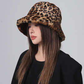 渐变豹纹渔夫帽女 显脸小秋冬时尚加厚保暖毛绒盆帽 外贸针织帽子