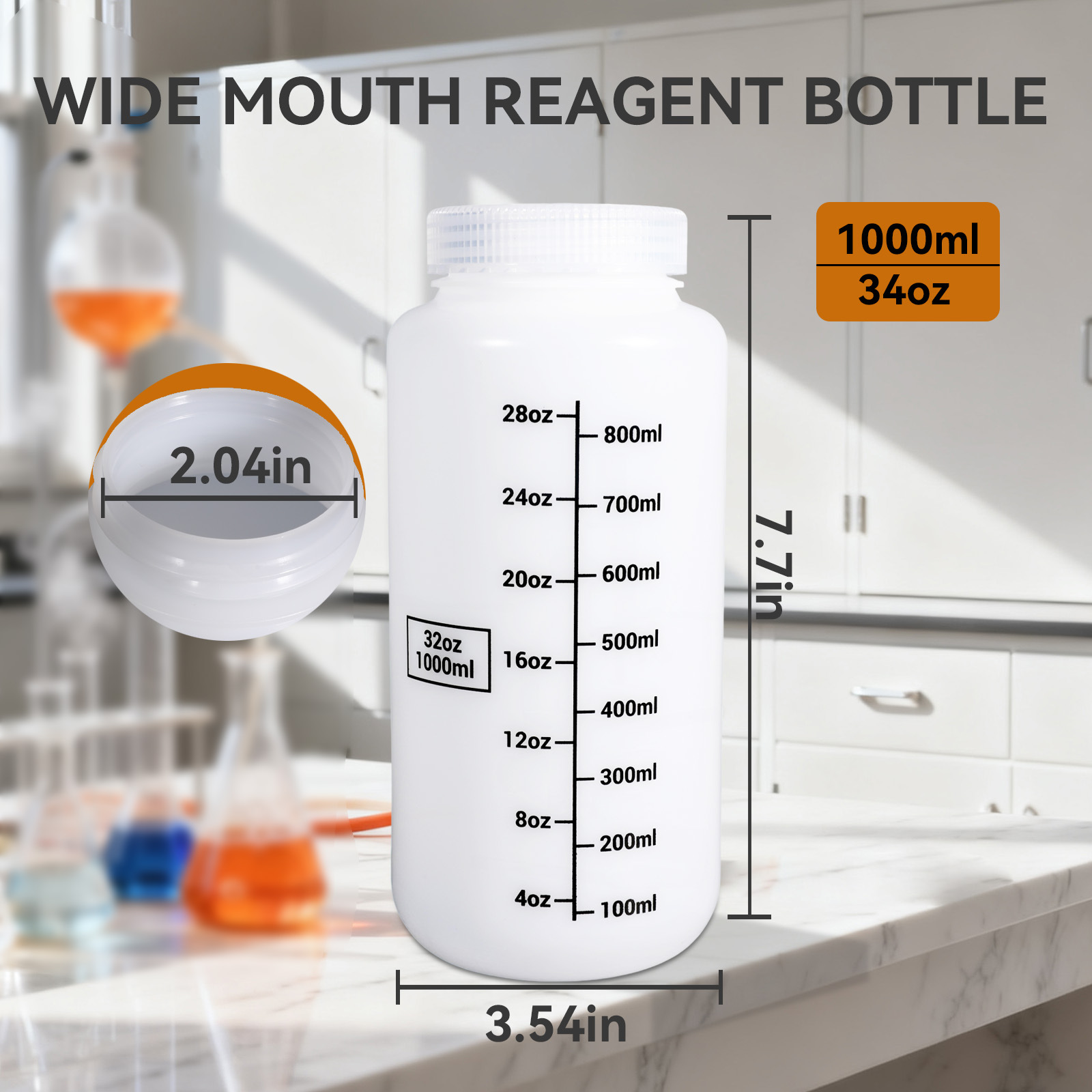 Botella de boca ancha de PP, botella de reactivo estéril resistente a altas temperaturas, botella química transparente, botella para muestras de polvo de laboratorio con escala, botella de plástico