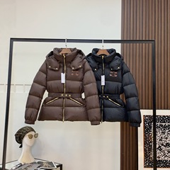 cel家新款咖色连帽羽绒服女收腰鹅绒外套修身长袖外贸欧美批发