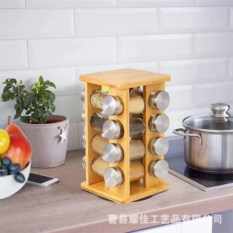 rack de condimento giratorio de madera de mesa de cocina acabado de botella de condimento rack de almacenamiento rack de clasificación de especias de madera sólida multicapa
