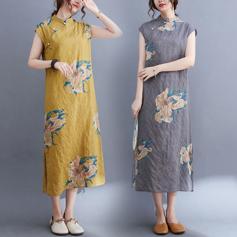 Real shot 2024 summer new cotton and linen printed stand collar partial lapel short sleeve modified cheongsam dress women's long dress 2859