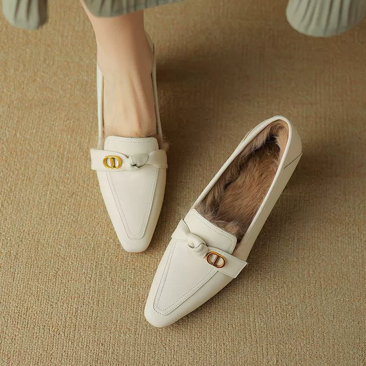 Зимой 2024 года новая настоящая обувь из меха кролика на толстом каблуке, женская металлическая пряжка, теплая и неглубокая обувь 33/40 плюс размер ~