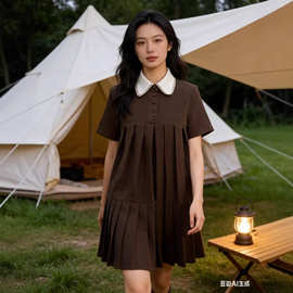 张元英同款娃娃领拼色甜美百褶连衣裙少女学院风宽松短袖公主裙