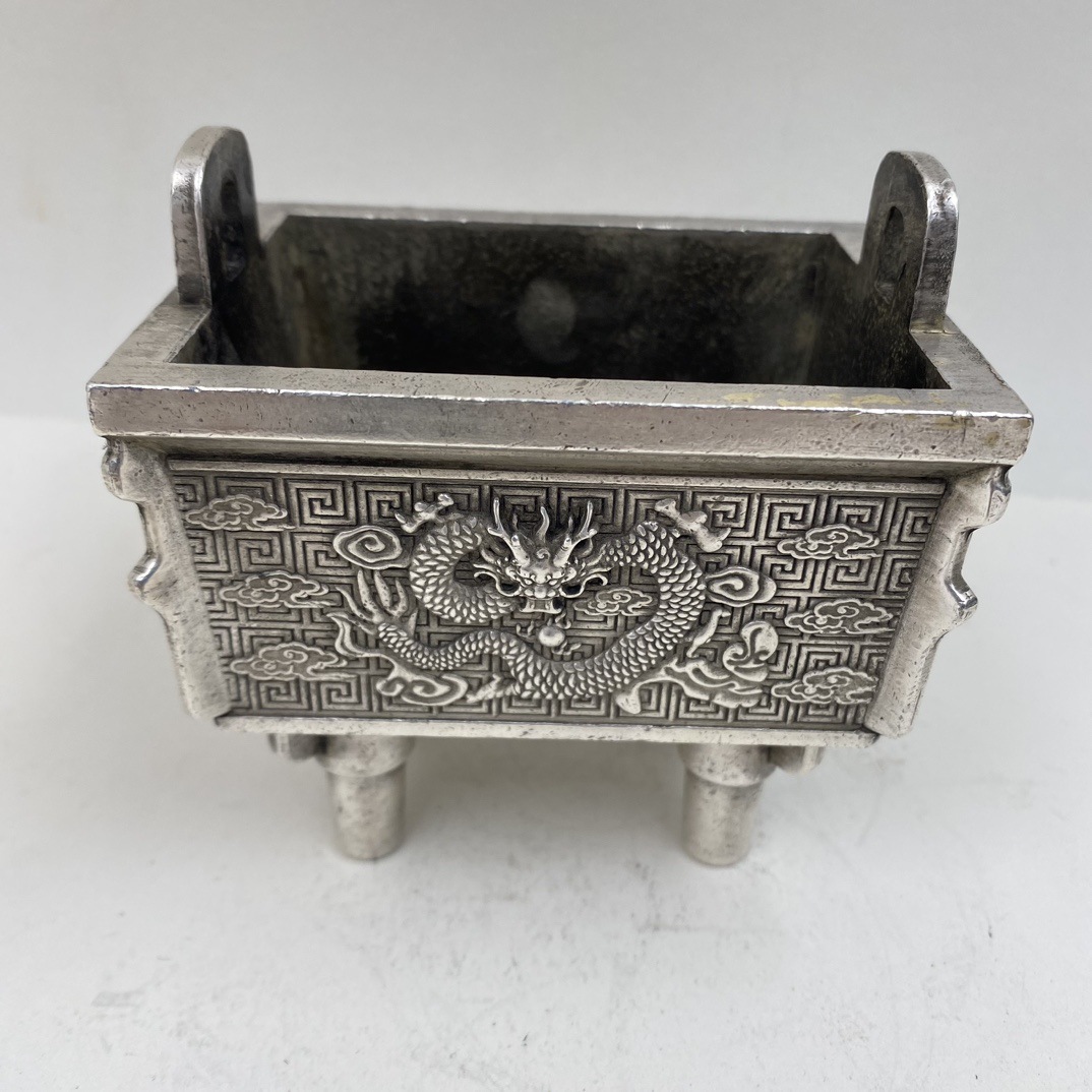 工艺品古玩铜合金香炉鼎盛千秋龙鼎香炉单龙足银方鼎工艺品摆件