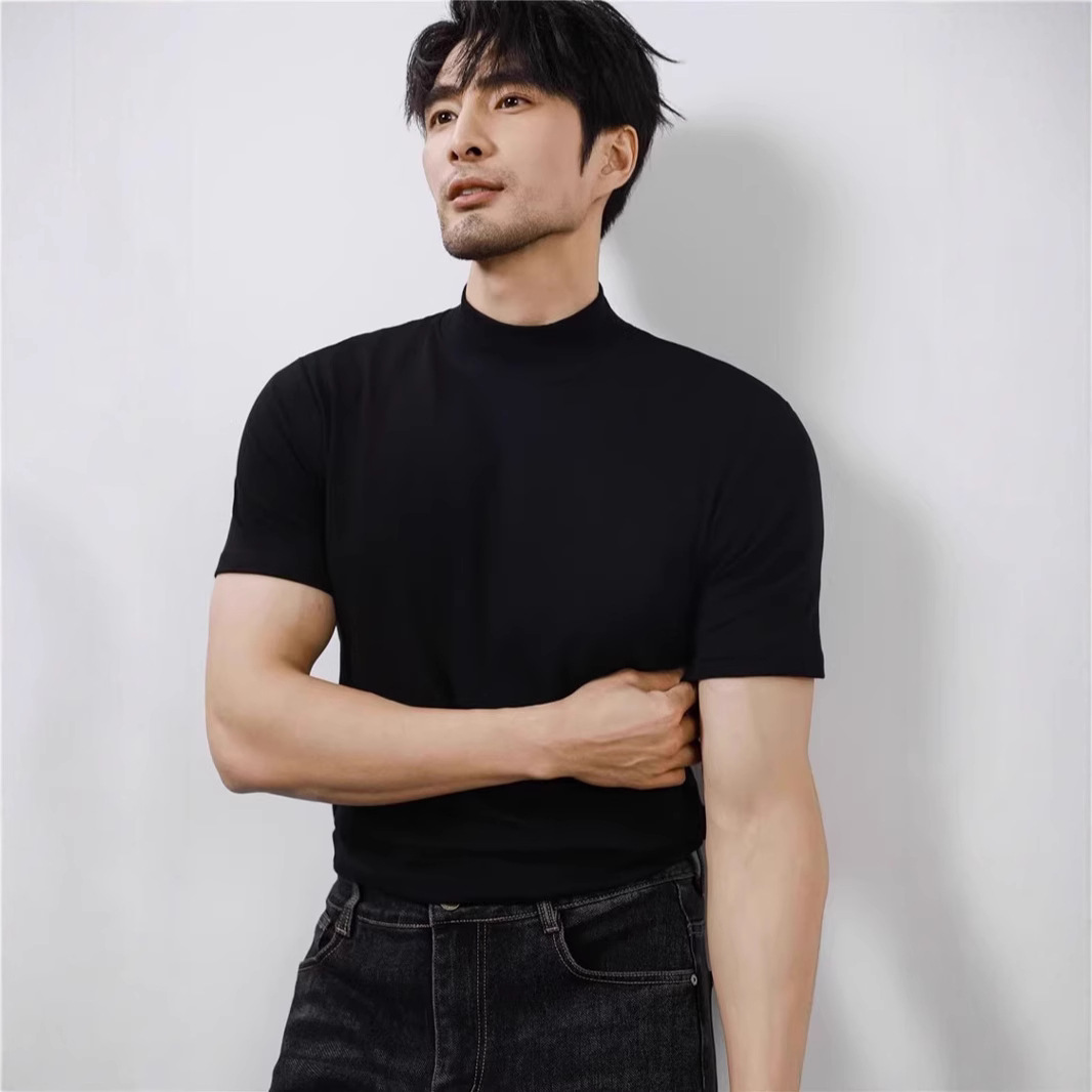 여름 신작 크로스보더 남성 의류 스팟 아이스 실크 쿨 티셔츠 하프 터틀넥 솔리드 컬러 라이트 럭셔리 반팔 바닥 스웨터