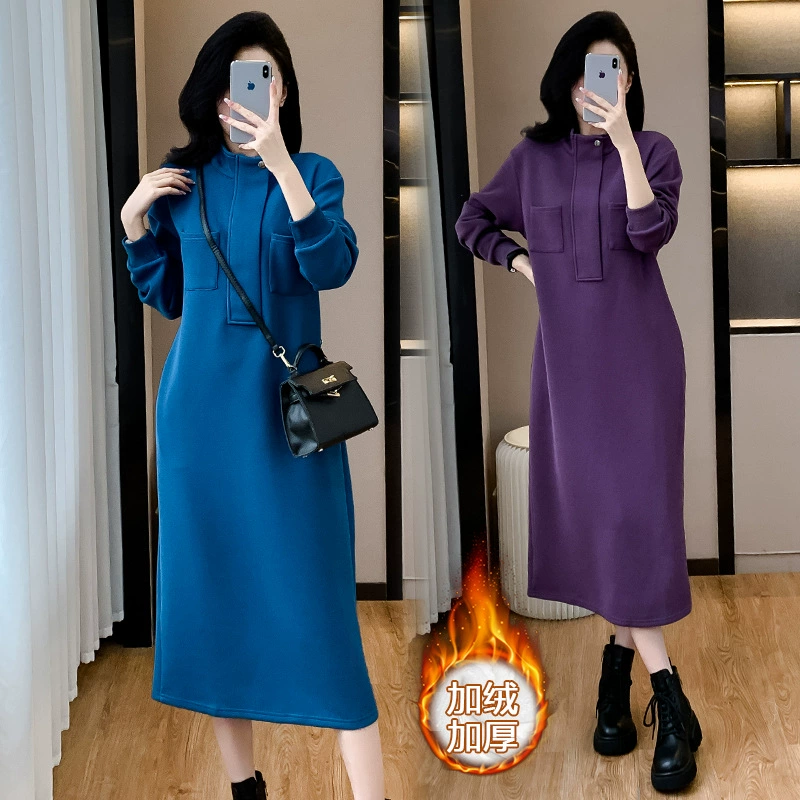 Платье-свитшот свободного кроя с воротником-стойкой, длиной до колена, больших размеров, новинка осени-зимы 2024, повседневное, омолаживающее, универсальное, в стиле легкой роскоши