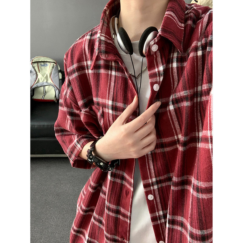 Summer Korean Style Trendy Burgundy Plaid Short-Sleeved Shirt for Men with American Style Layered Handsome Shirt Jacket Thin
