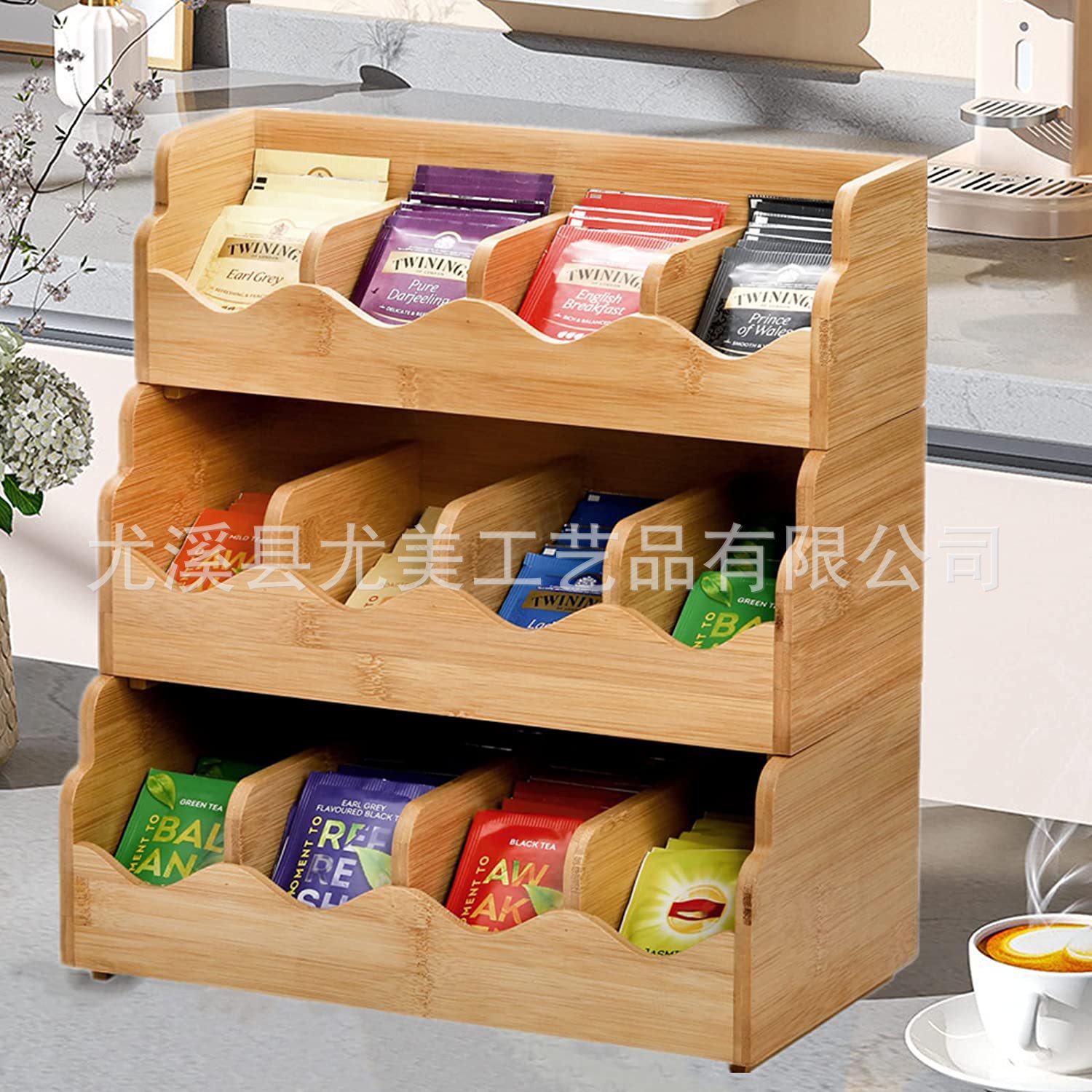 Bolsa de té de bambú estante de almacenamiento de tres capas multi-rejilla bolsa de café estante de almacenamiento sala de té escritorio bolsa de té estante de almacenamiento