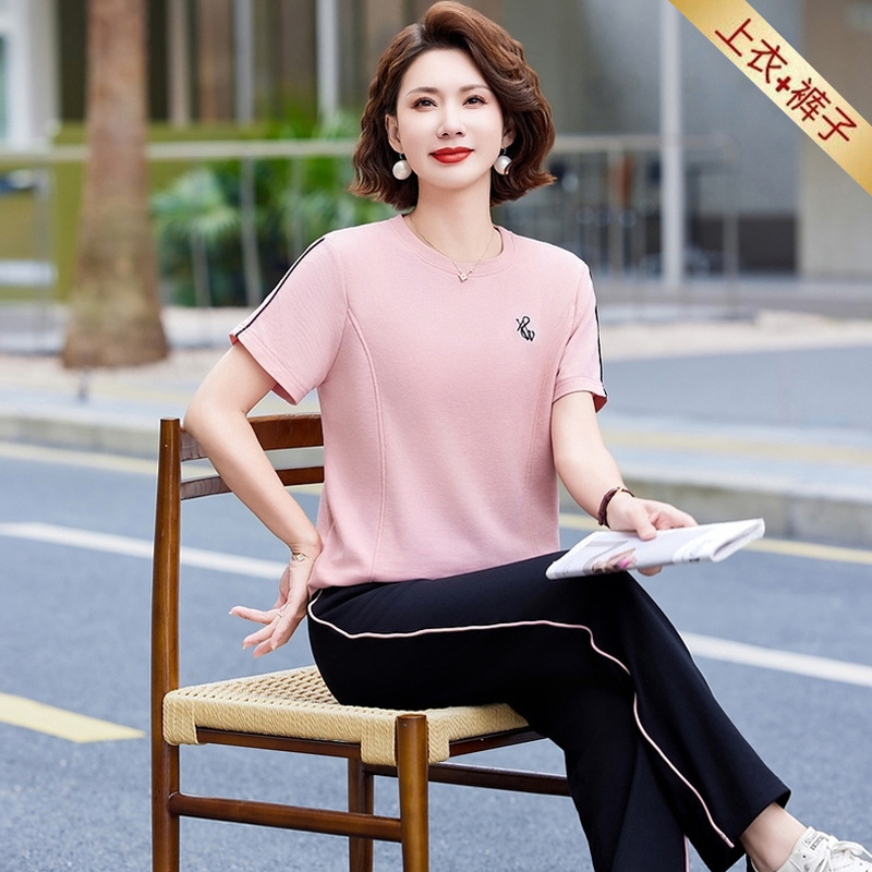 Mom's Cotton Casual Short-sleeved Sports suit Summer 50-year-old Middle-aged Women's Crewneck T-shirt Two-piece Set Women's Hair