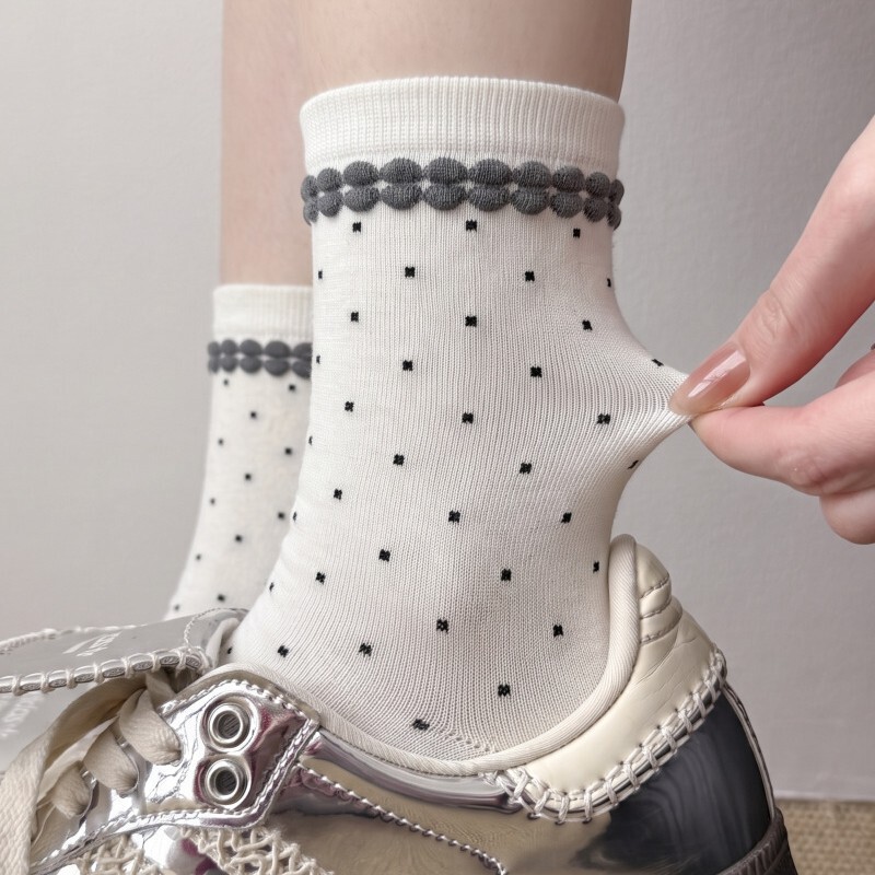 Autumn women's mid-calf socks, polka dot lace stacked socks, gray series, pure cotton, seamless women's socks, versatile Autumn women's mid-calf socks, polka dot lace stacked socks, gray series, pure cotton, seamless women's socks, versatile