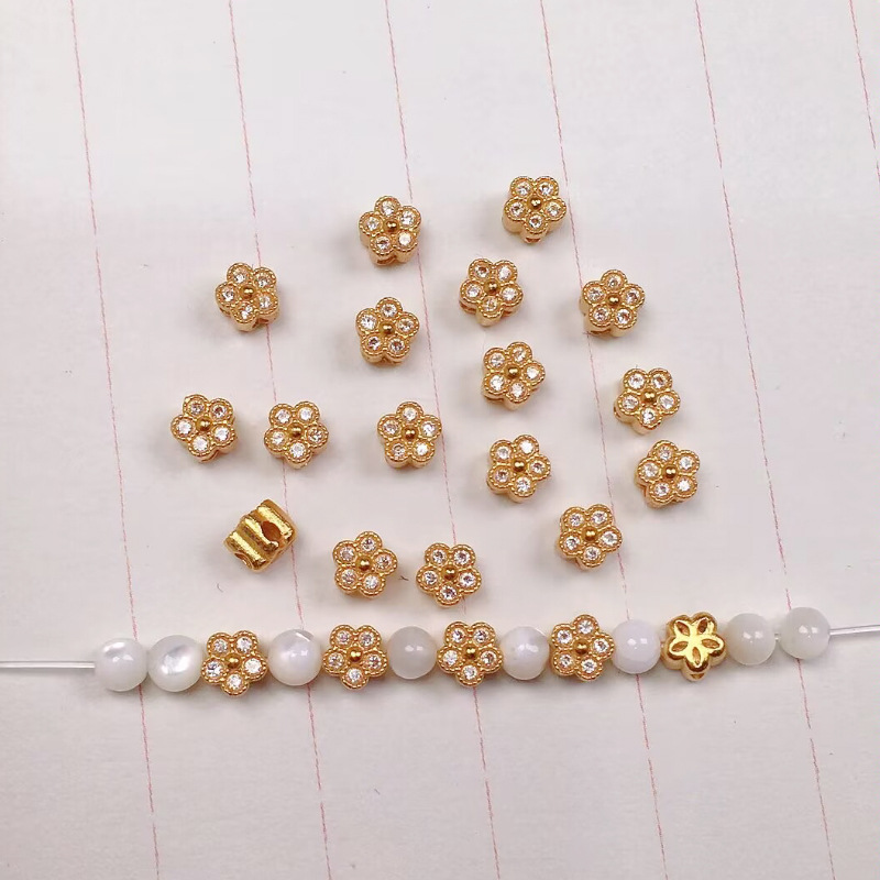 s925 silver gold-plated White Diamond five-petal flower accessories bracelet necklace string decoration diy handmade beads semi-finished products