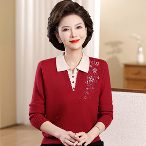 中老年新款翻领秋冬打底衫翻领妈妈装针织衫女装毛衣休闲女装上衣，女装针织衫/毛衣，妃慕昵服饰