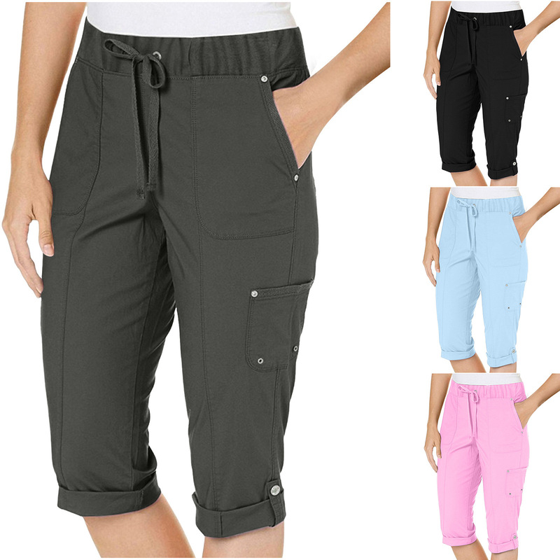 2025 Cross-Border Amazon Women's Solid Color Cropped Casual Pants with Pockets, Comfortable, Casual, Stylish Cotton In-Stock Workwear