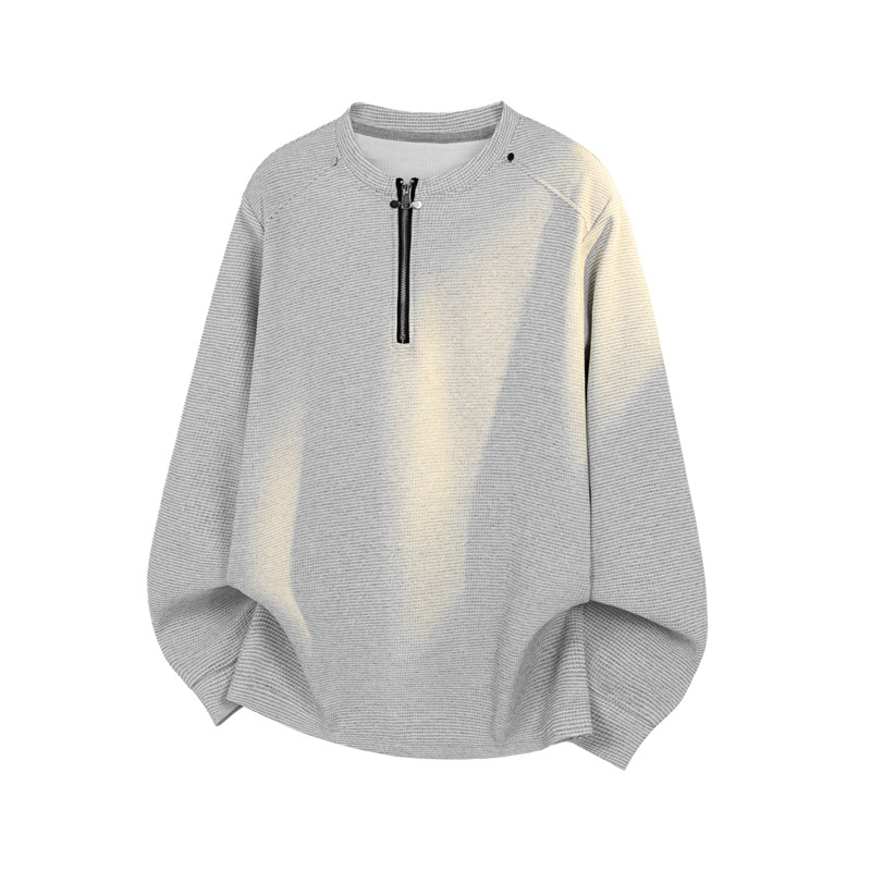 T-shirt a maniche lunghe da uomo in maglia waffle con mezza zip e patchwork destrutturato, vestibilità pulita, stile americano di tendenza, pesante, primavera._voghion.com