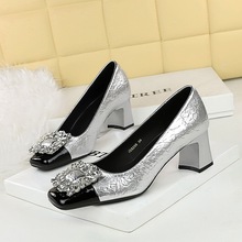 5299-K90 Retro Style Autumn/Winter New Women's Shoes Coarse Heel Middle Heel Square Head Water Diamond Splicing for Slimming Single Shoe Water Diamond Buckle