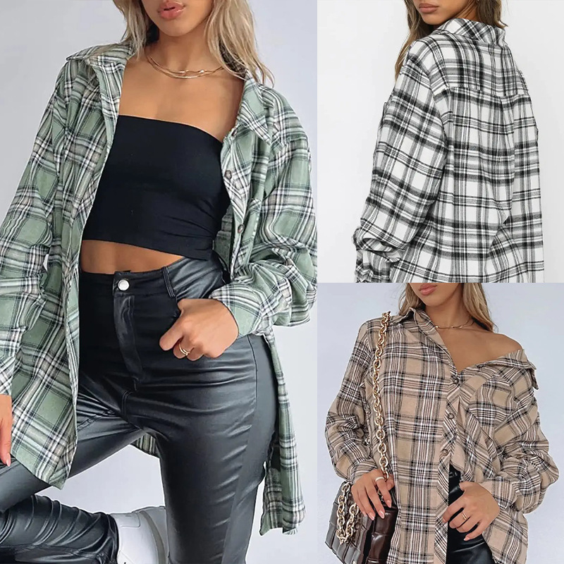 2023 European and American Autumn and Winter New Plaid Shirt Women's Amazon Casual Long-Sleeved Cardigan Plaid Shirt Top