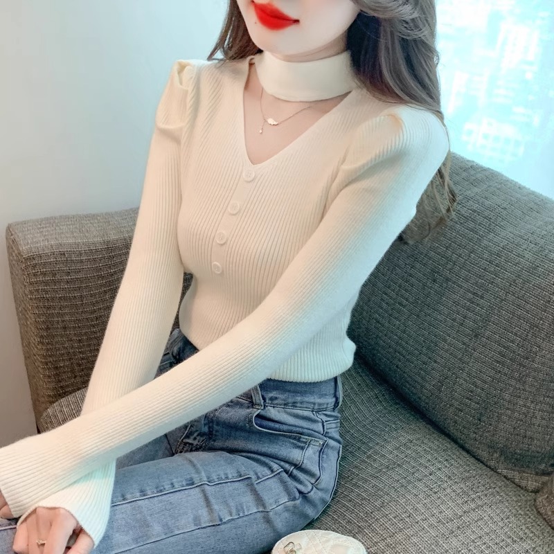 【现货】纯欲挂脖针织毛衣打底衫女春秋设计感气质泡泡袖内搭上衣