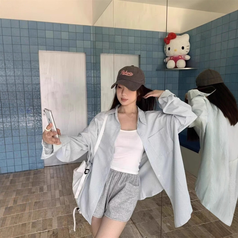 慵懒风条纹翻领长袖衬衫女韩系设计感休闲宽松衬衣春秋开衫防晒衣|undefined