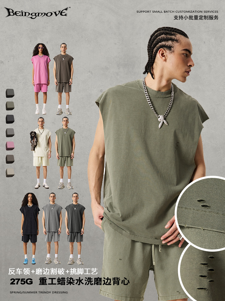 2025 verano marca de moda americana retro agujero camiseta sin mangas hombre pesado batítico chaleco de hombros de moda hombre