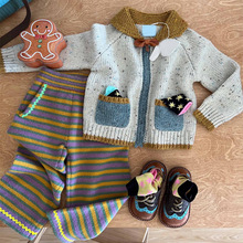 2024冬季女童时髦洋气套装儿童复古撞色翻领毛衣开衫条纹针织裤子