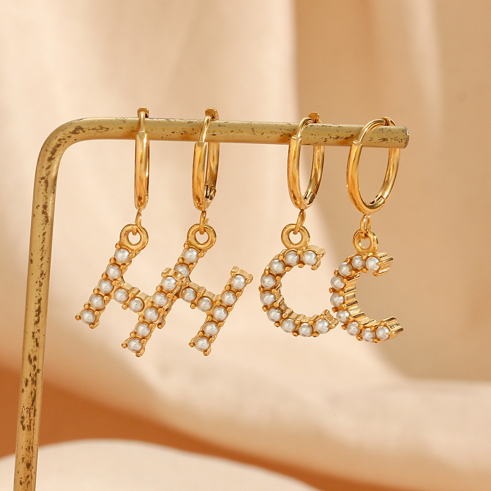 Pearl Inlaid Letter Stainless Steel Pendant Earrings