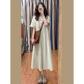 米黄色棉麻衬衫连衣裙女夏季日系文艺风裙