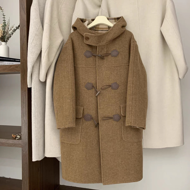 Plaid Double-Sided Cashmere Coat for Women, Mid-Length 2025 New Style, Horn Button Hooded Woolen Coat, Commuter Style