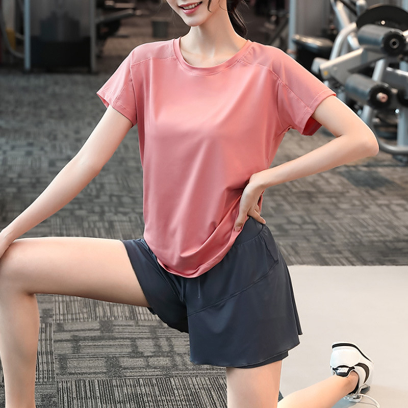 速干健身服套装女夏季薄款宽松上衣健身房运动T恤假两件瑜伽裙裤|undefined